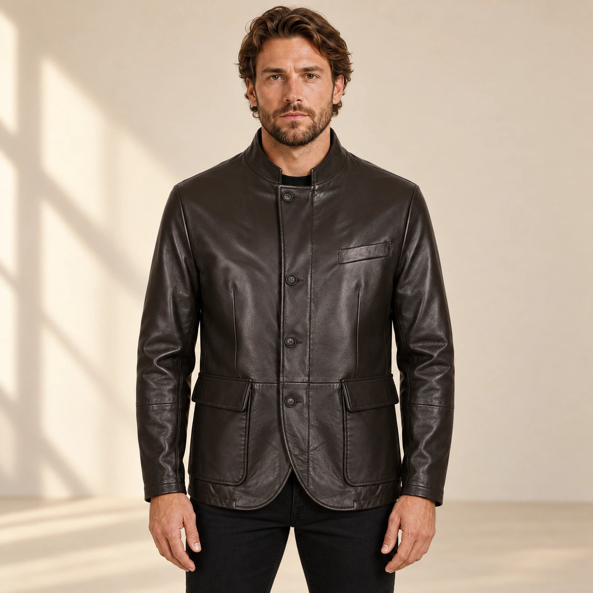 Dunleigh Men's Chocolate Mid-Length Lambskin Safari Jacket front view on male model