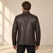 Dunleigh Men's Chocolate Mid-Length Lambskin Safari Jacket back view on male model
