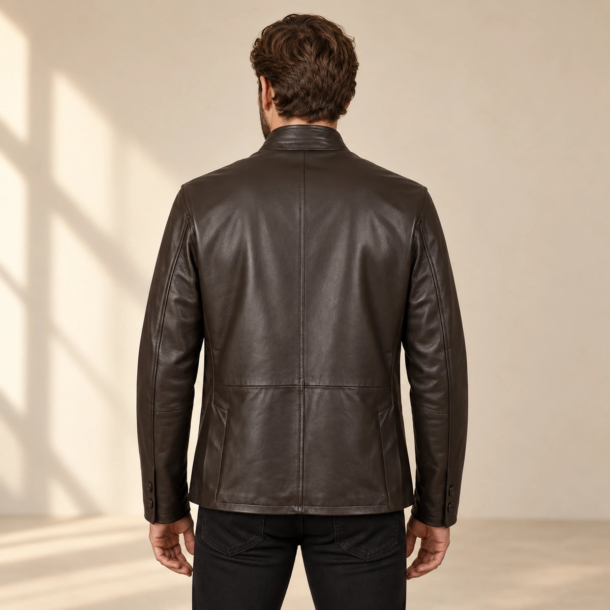 Dunleigh Men's Chocolate Mid-Length Lambskin Safari Jacket back view on male model