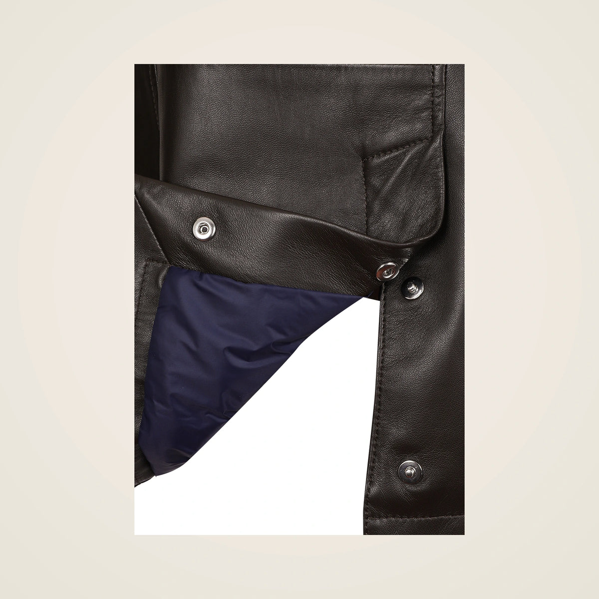 Dunleigh Men's Chocolate Mid-Length Lambskin Safari Jacket snapped back vent and padded lining detail