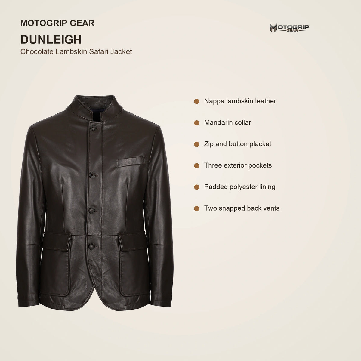 Dunleigh Men's Chocolate Mid-Length Lambskin Safari Jacket key features