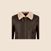 Leather grain and shearling close-up of the Dunmire Men's Brown B3 Shearling Aviator Jacket