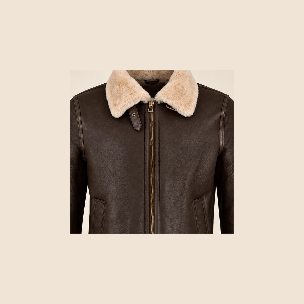 Leather grain and shearling close-up of the Dunmire Men's Brown B3 Shearling Aviator Jacket