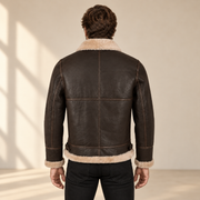 Back model view of the Dunmire Men's Brown B3 Shearling Aviator Jacket