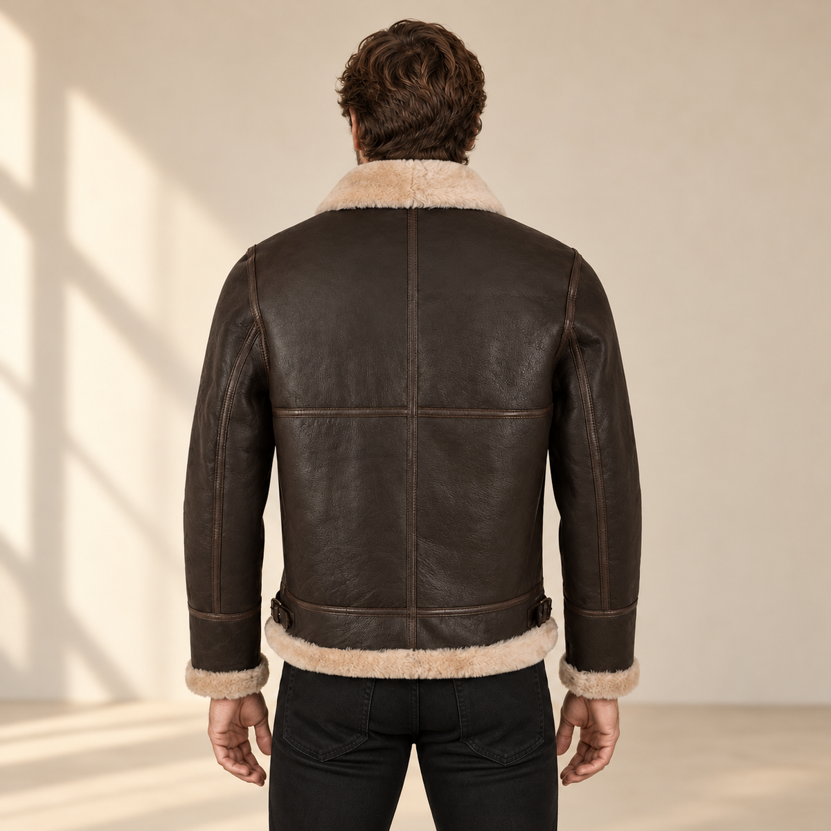 Back model view of the Dunmire Men's Brown B3 Shearling Aviator Jacket