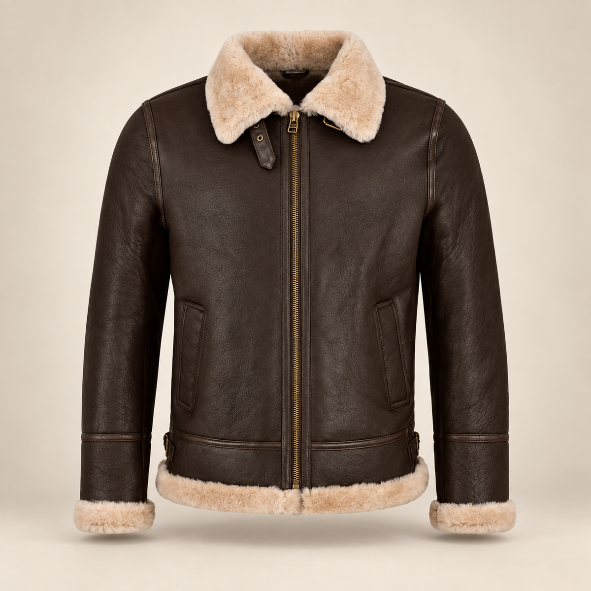 Front product view of the Dunmire Men's Brown B3 Shearling Aviator Jacket