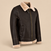 Three-quarter product view of the Dunmire Men's Brown B3 Shearling Aviator Jacket