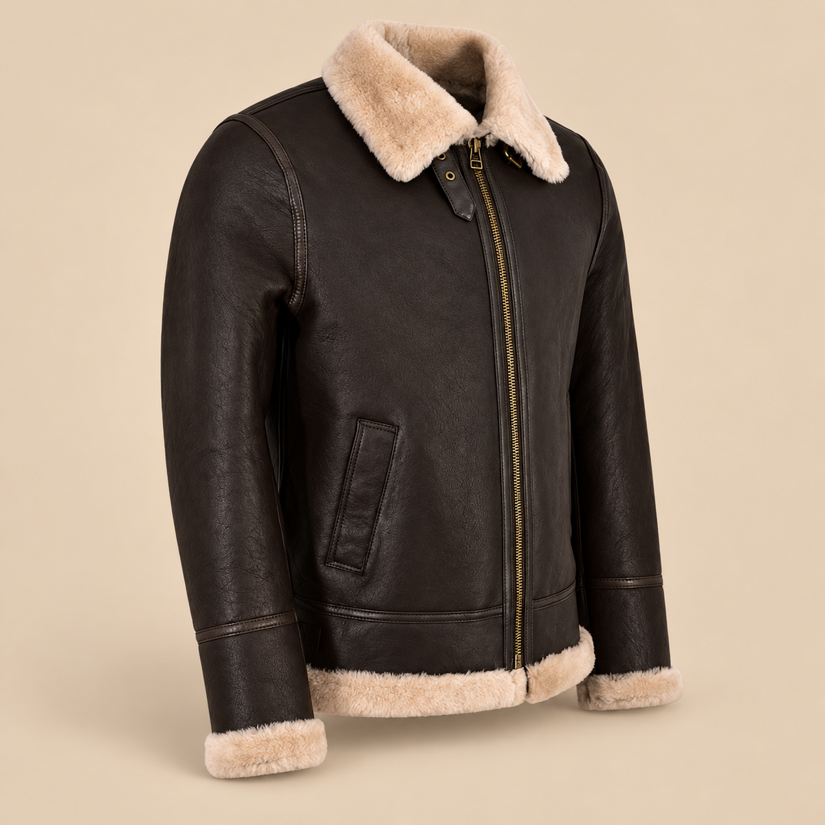 Three-quarter product view of the Dunmire Men's Brown B3 Shearling Aviator Jacket