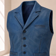 Close-up of the blue Ellswick waistcoat's lambskin leather, notch lapel, stitching and buttons.