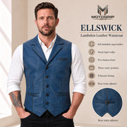 Blue Ellswick lambskin leather waistcoat feature infographic.