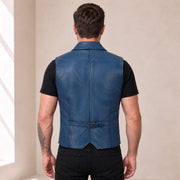 Blue Ellswick men's lambskin leather waistcoat shown from the back with adjustable waist strap.