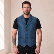 Blue Ellswick men's lambskin leather waistcoat shown from the front on the approved model.