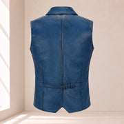 Back product view of the blue Ellswick lambskin leather waistcoat with centre seam and waist adjuster.