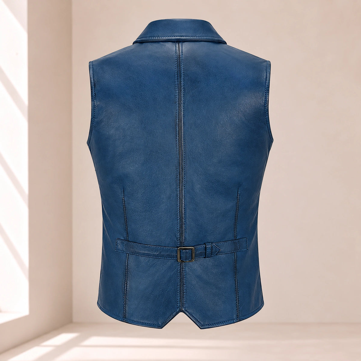 Back product view of the blue Ellswick lambskin leather waistcoat with centre seam and waist adjuster.