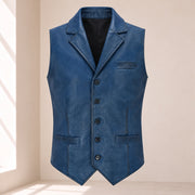 Front product view of the blue Ellswick lambskin leather waistcoat with notch lapels and five buttons.