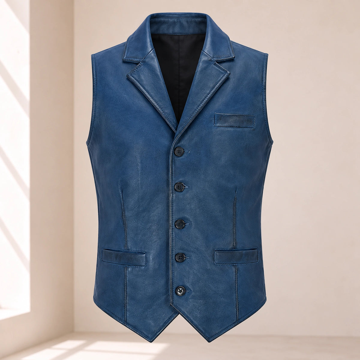 Front product view of the blue Ellswick lambskin leather waistcoat with notch lapels and five buttons.