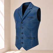 Three-quarter product view of the blue Ellswick lambskin leather waistcoat.