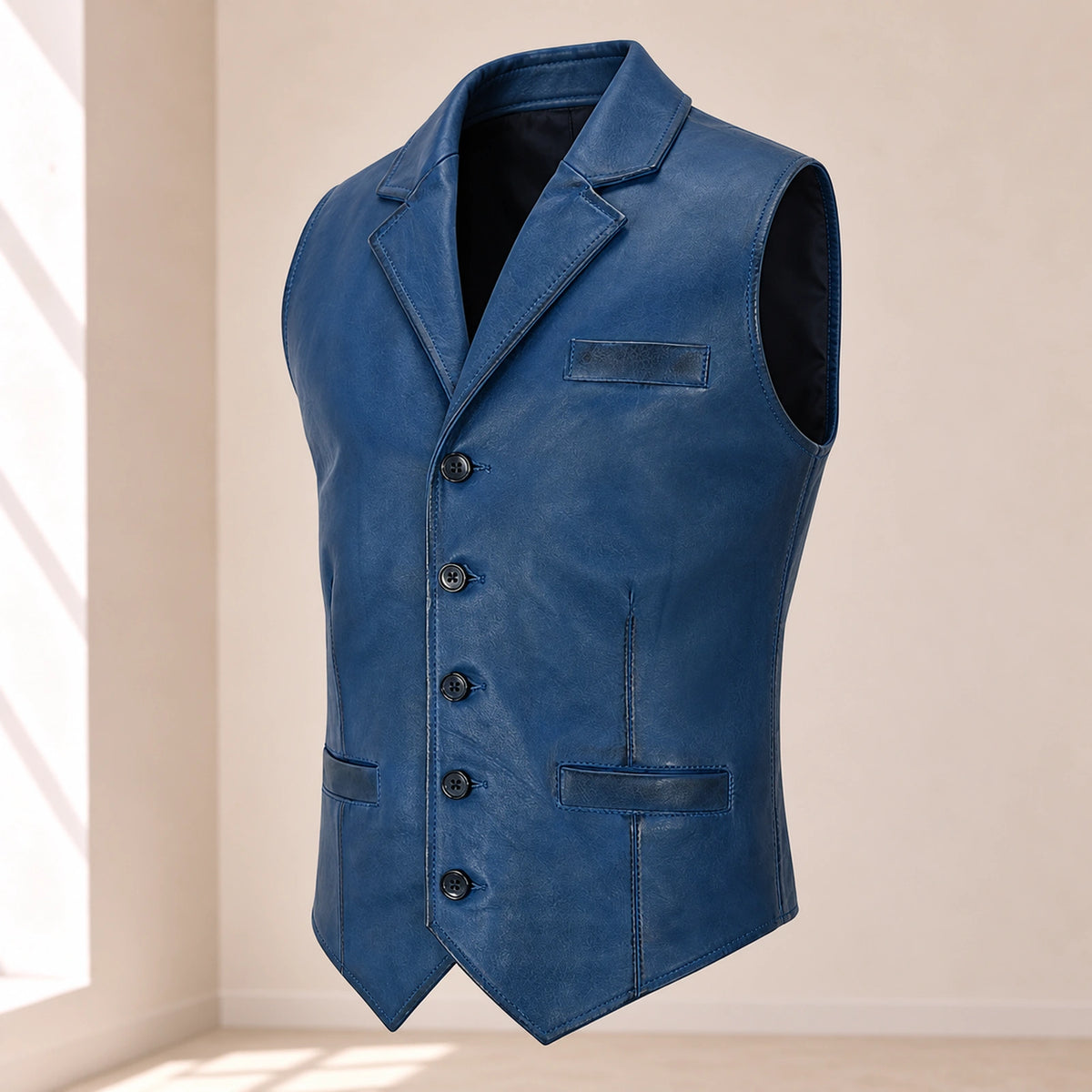 Three-quarter product view of the blue Ellswick lambskin leather waistcoat.