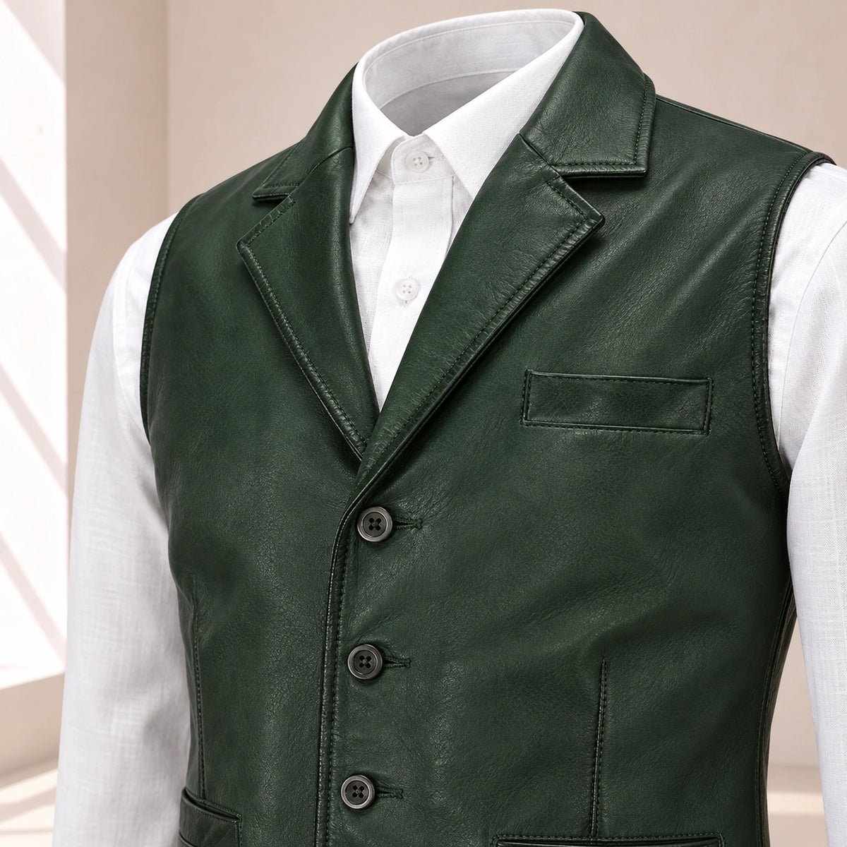 Close-up of the green Ellswick waistcoat's lambskin leather, notch lapel, stitching and buttons.