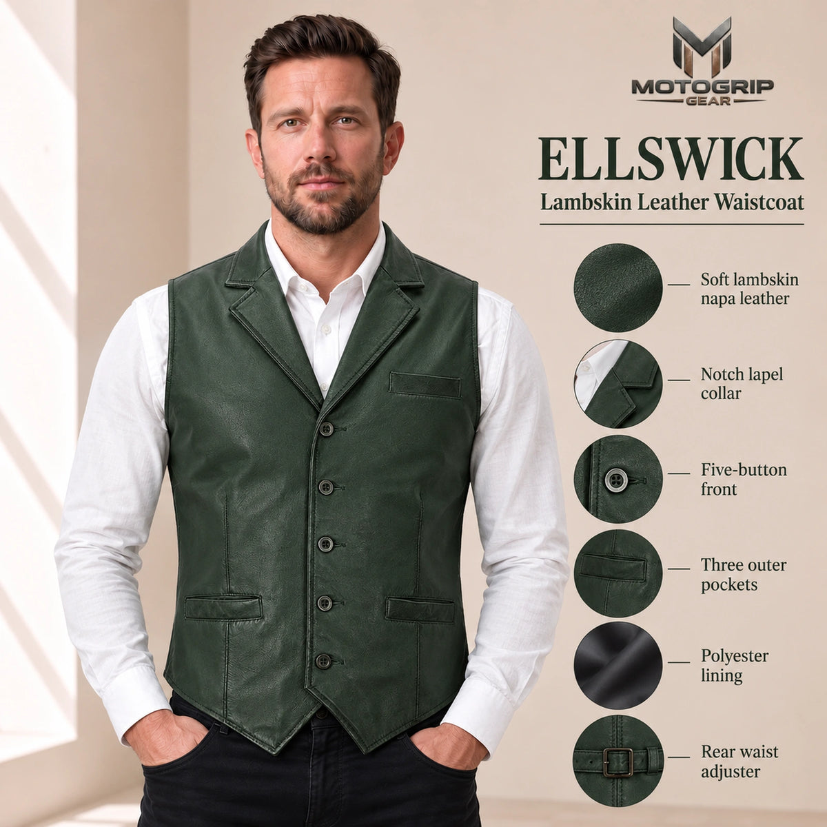 Green Ellswick lambskin leather waistcoat feature infographic.