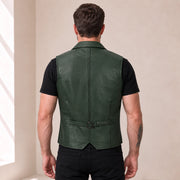 Green Ellswick men's lambskin leather waistcoat shown from the back with adjustable waist strap.