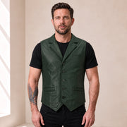 Green Ellswick men's lambskin leather waistcoat shown from the front on the approved model.