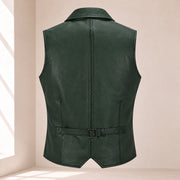 Back product view of the green Ellswick lambskin leather waistcoat with centre seam and waist adjuster.