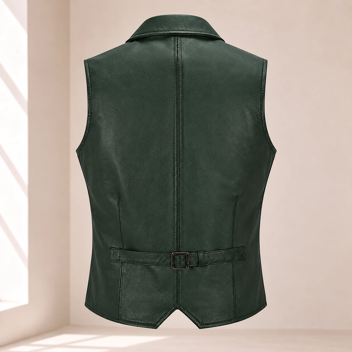 Back product view of the green Ellswick lambskin leather waistcoat with centre seam and waist adjuster.
