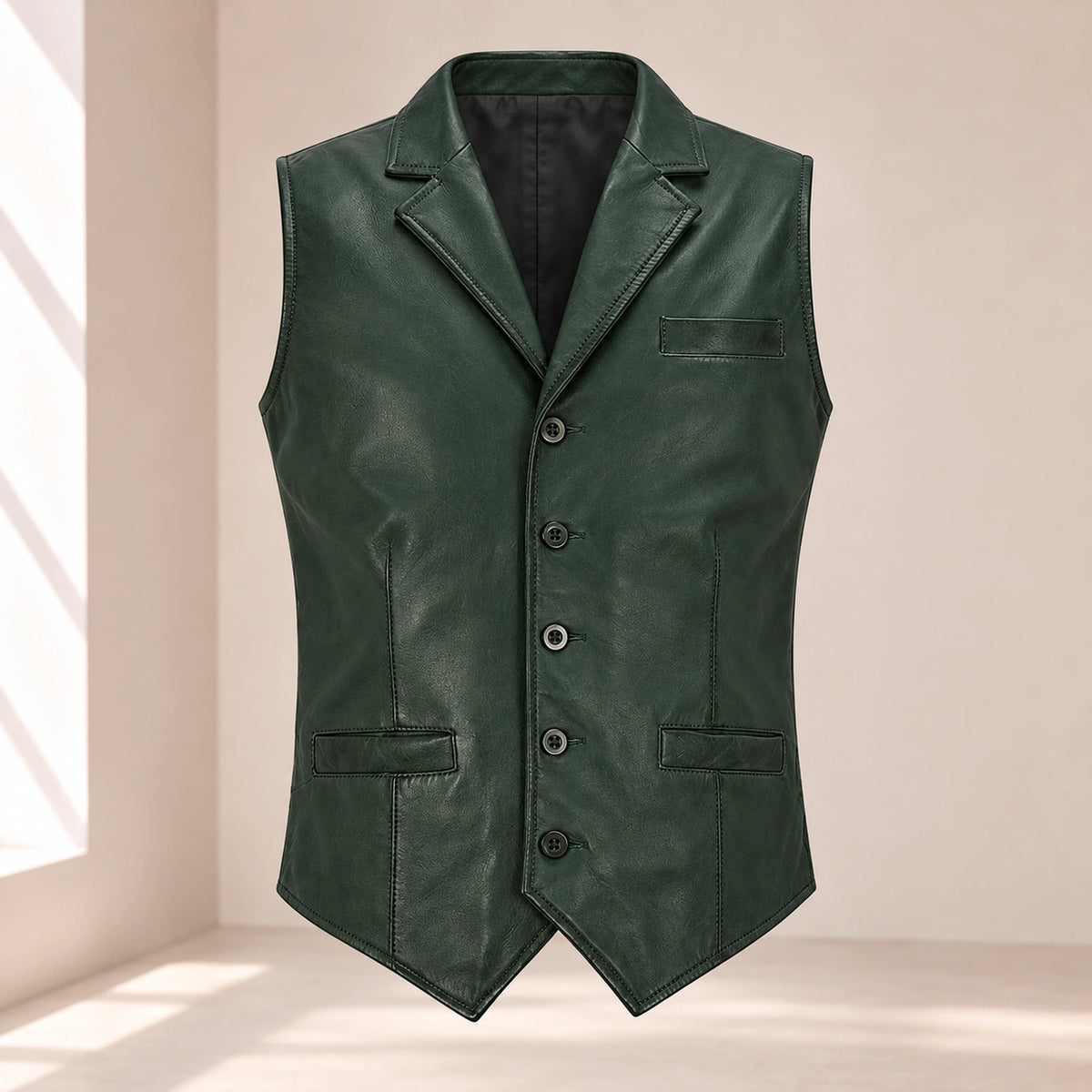 Front product view of the green Ellswick lambskin leather waistcoat with notch lapels and five buttons.