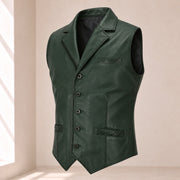 Three-quarter product view of the green Ellswick lambskin leather waistcoat.