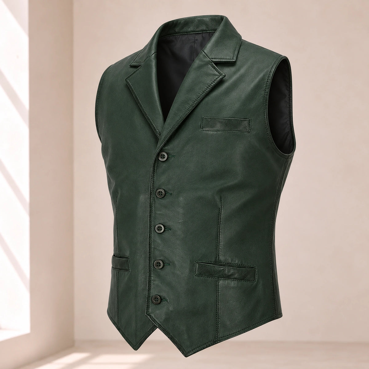 Three-quarter product view of the green Ellswick lambskin leather waistcoat.