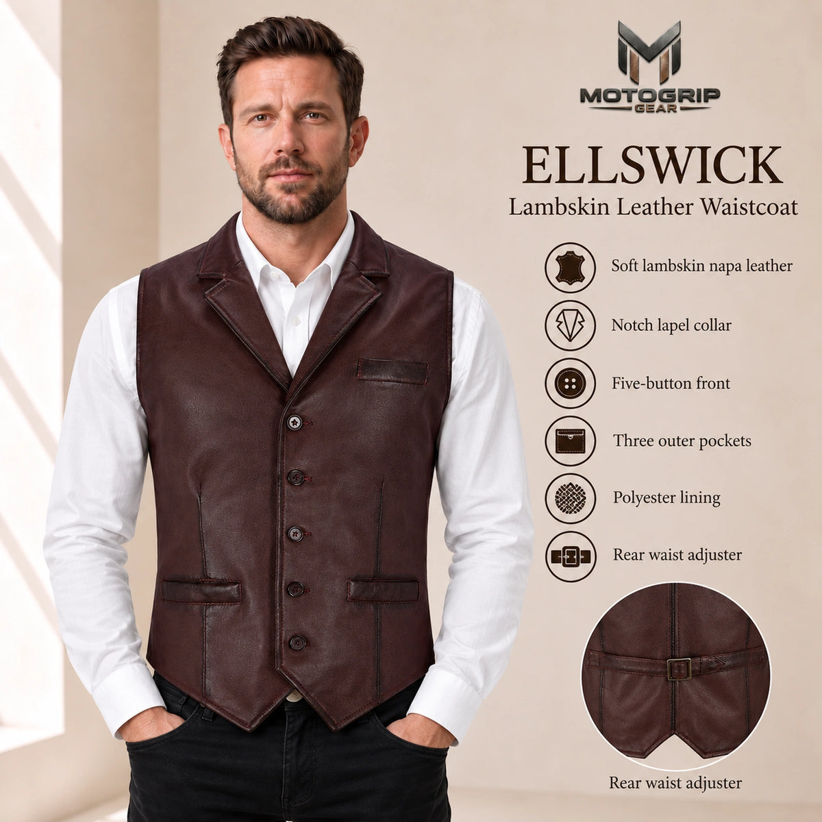 Maroon Ellswick lambskin leather waistcoat feature infographic.