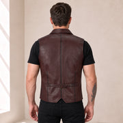 Maroon Ellswick men's lambskin leather waistcoat shown from the back with adjustable waist strap.