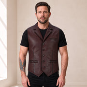Maroon Ellswick men's lambskin leather waistcoat shown from the front on the approved model.