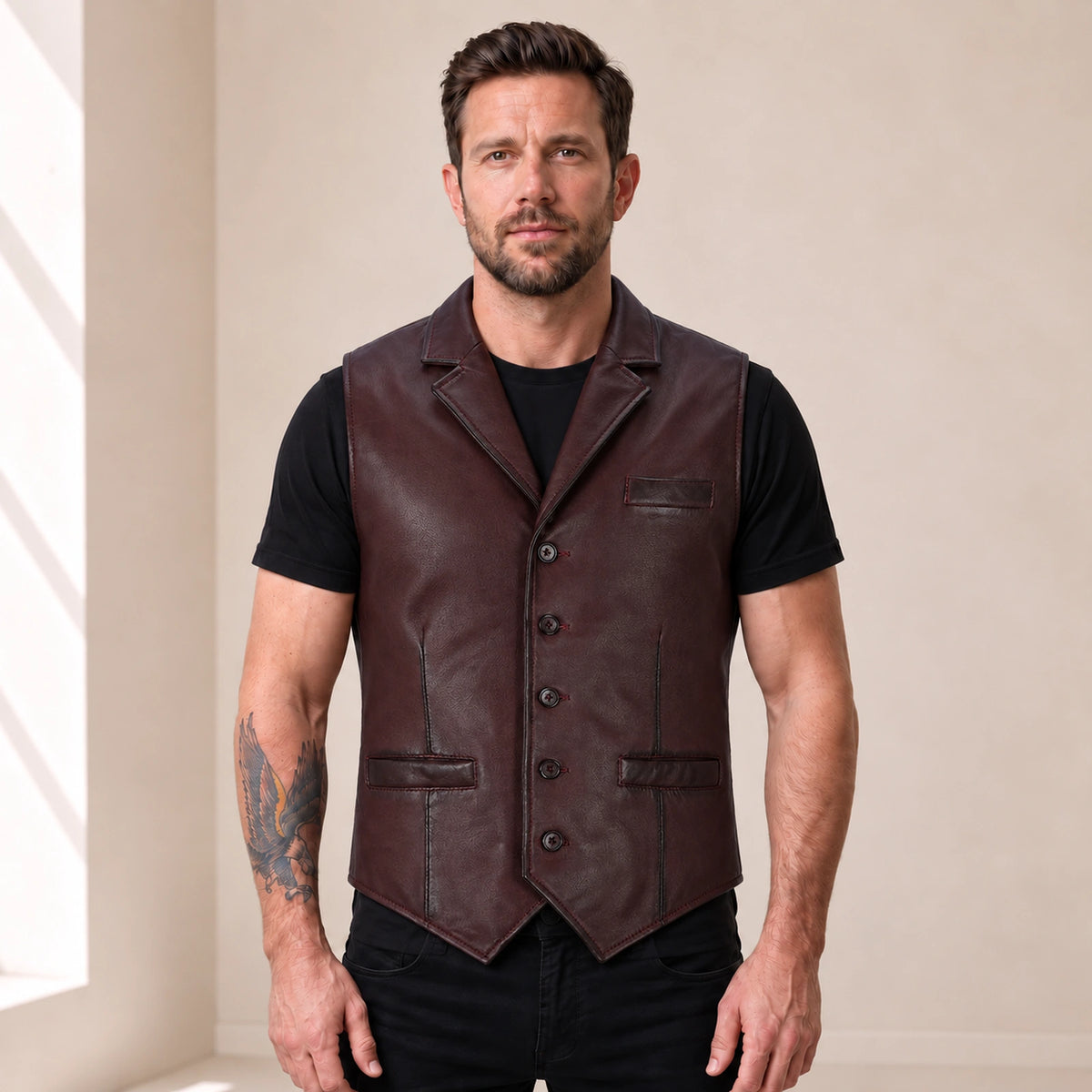 Maroon Ellswick men's lambskin leather waistcoat shown from the front on the approved model.