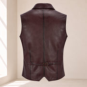 Back product view of the maroon Ellswick lambskin leather waistcoat with centre seam and waist adjuster.