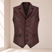 Front product view of the maroon Ellswick lambskin leather waistcoat with notch lapels and five buttons.