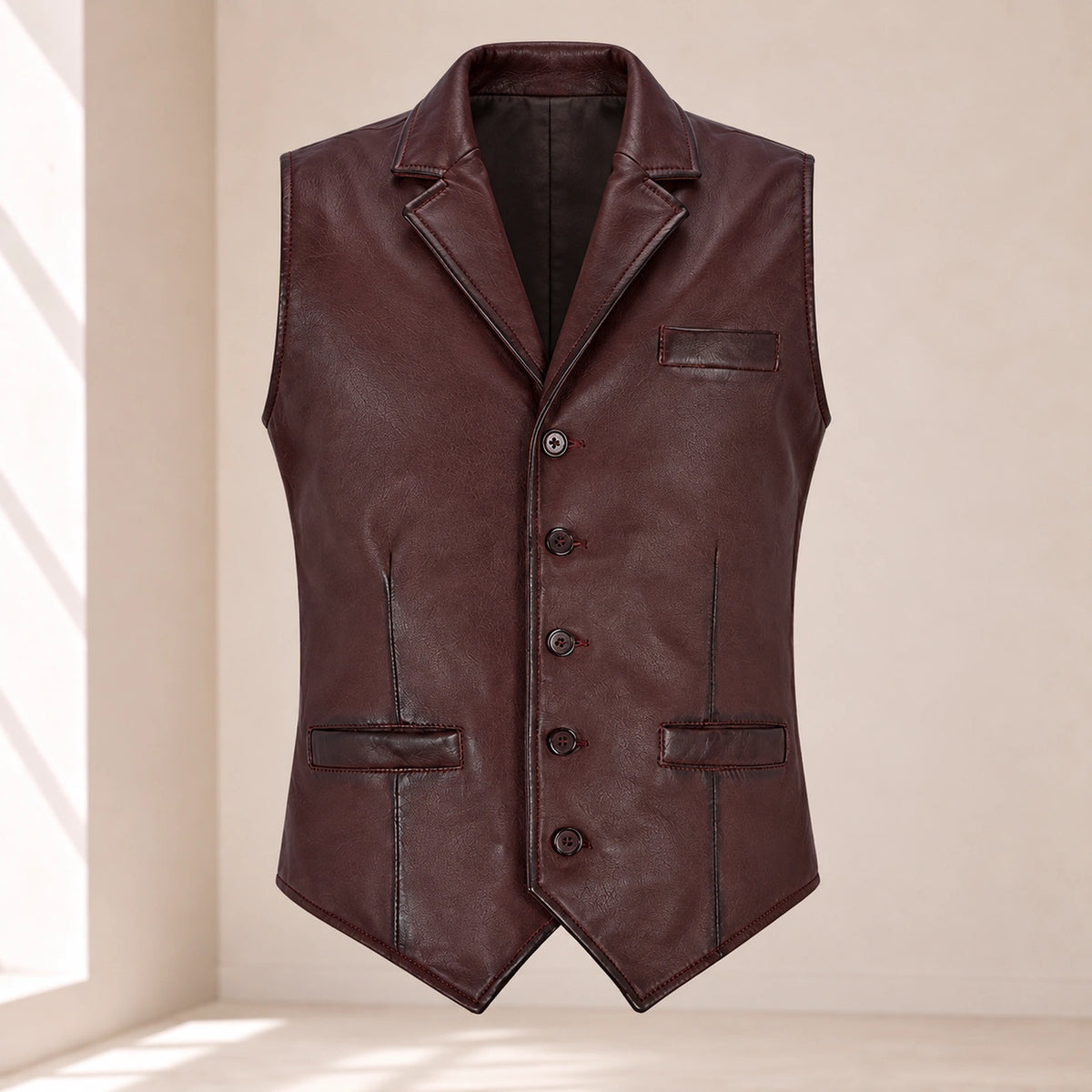 Front product view of the maroon Ellswick lambskin leather waistcoat with notch lapels and five buttons.