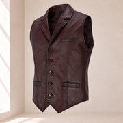Three-quarter product view of the maroon Ellswick lambskin leather waistcoat.
