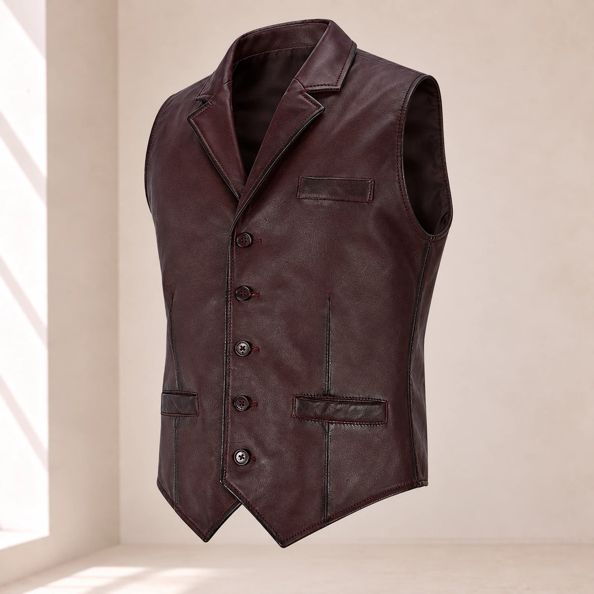 Three-quarter product view of the maroon Ellswick lambskin leather waistcoat.