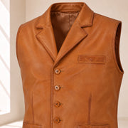 Close-up of the peru Ellswick waistcoat's lambskin leather, notch lapel, stitching and buttons.
