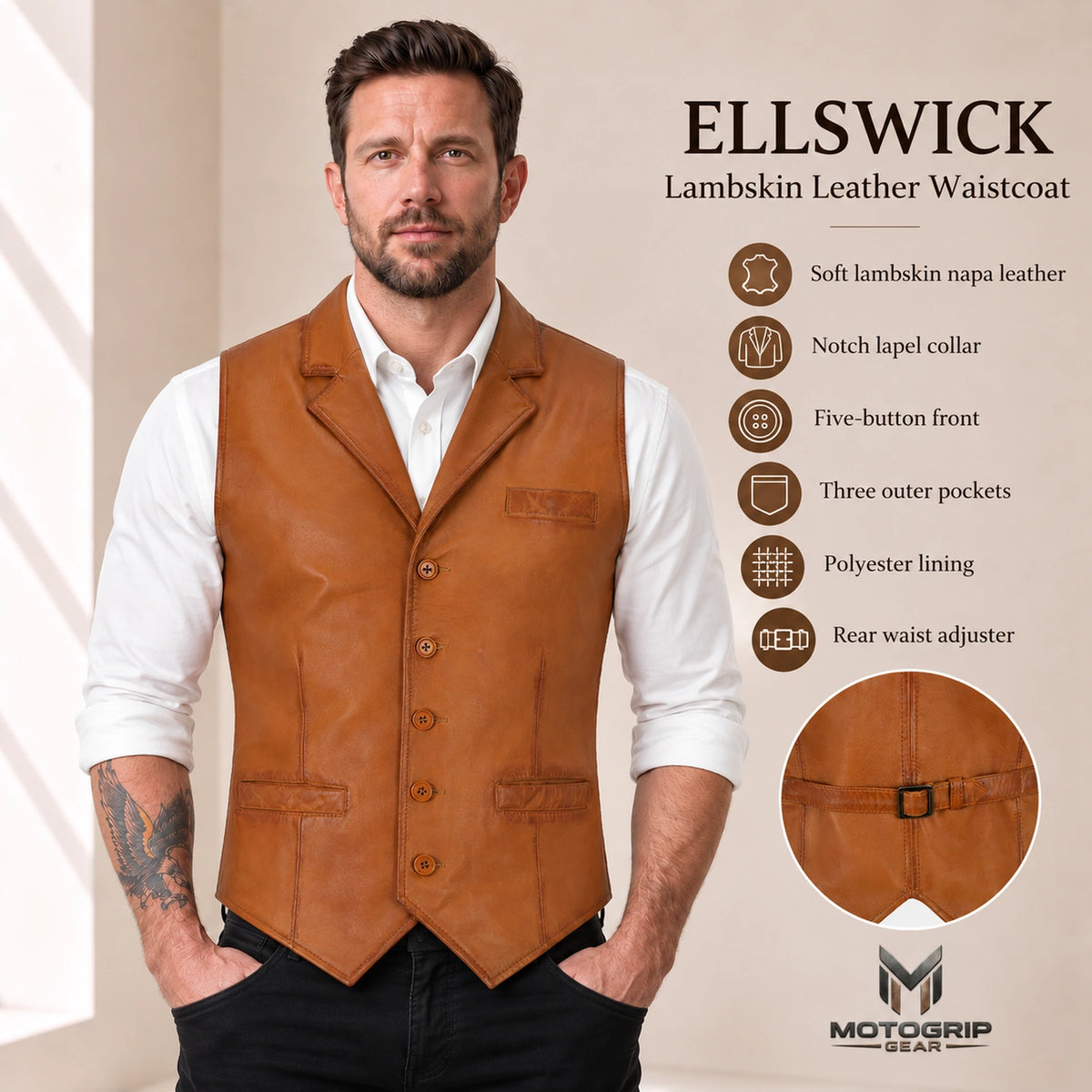Peru Ellswick lambskin leather waistcoat feature infographic.
