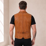 Peru Ellswick men's lambskin leather waistcoat shown from the back with adjustable waist strap.