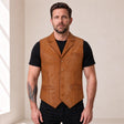 Peru Ellswick men's lambskin leather waistcoat shown from the front on the approved model.