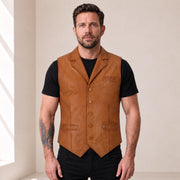 Peru Ellswick men's lambskin leather waistcoat shown from the front on the approved model.