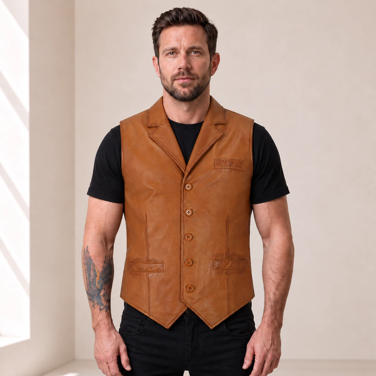 Peru Ellswick men's lambskin leather waistcoat shown from the front on the approved model.