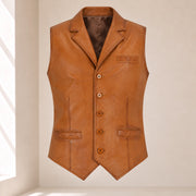 Front product view of the peru Ellswick lambskin leather waistcoat with notch lapels and five buttons.