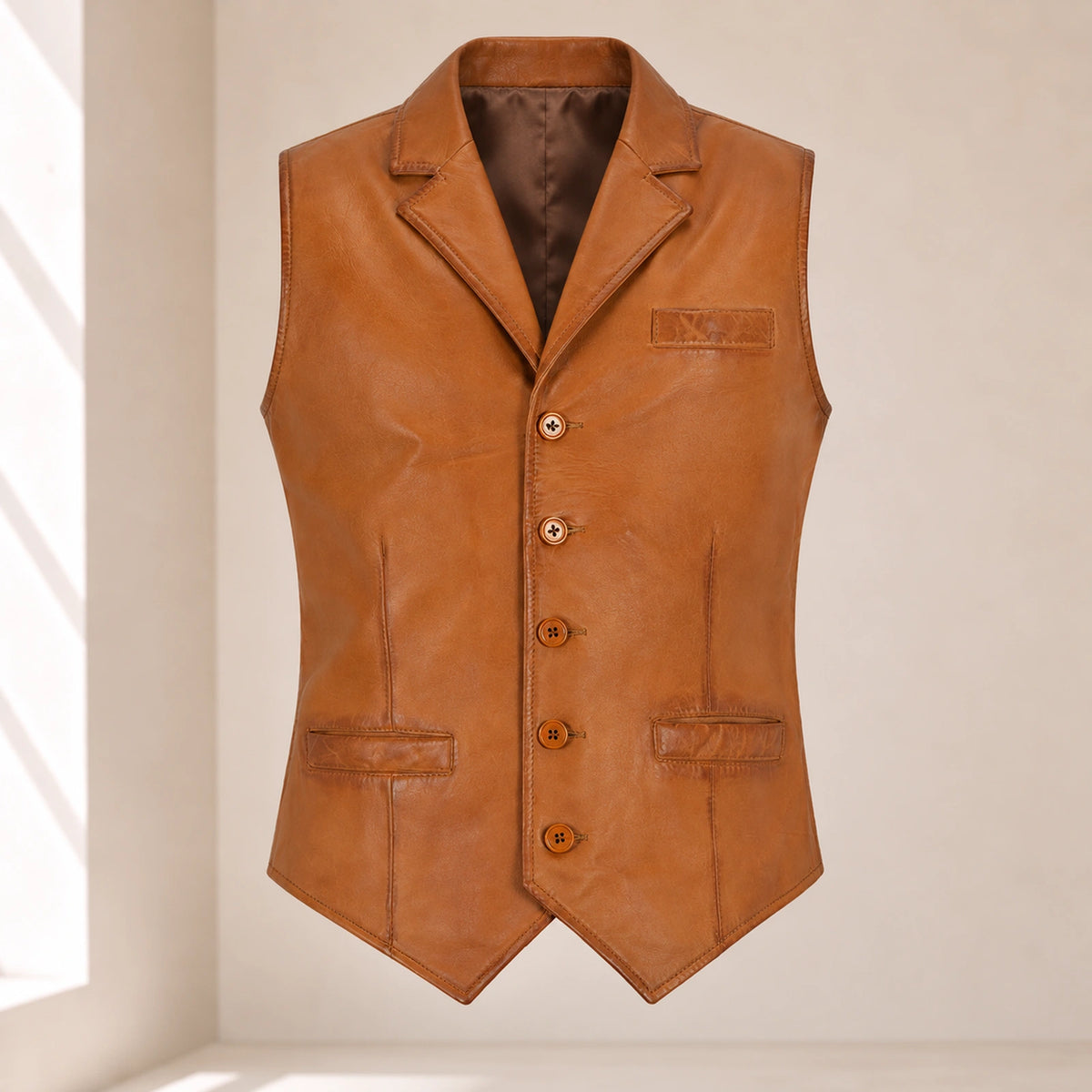 Front product view of the peru Ellswick lambskin leather waistcoat with notch lapels and five buttons.