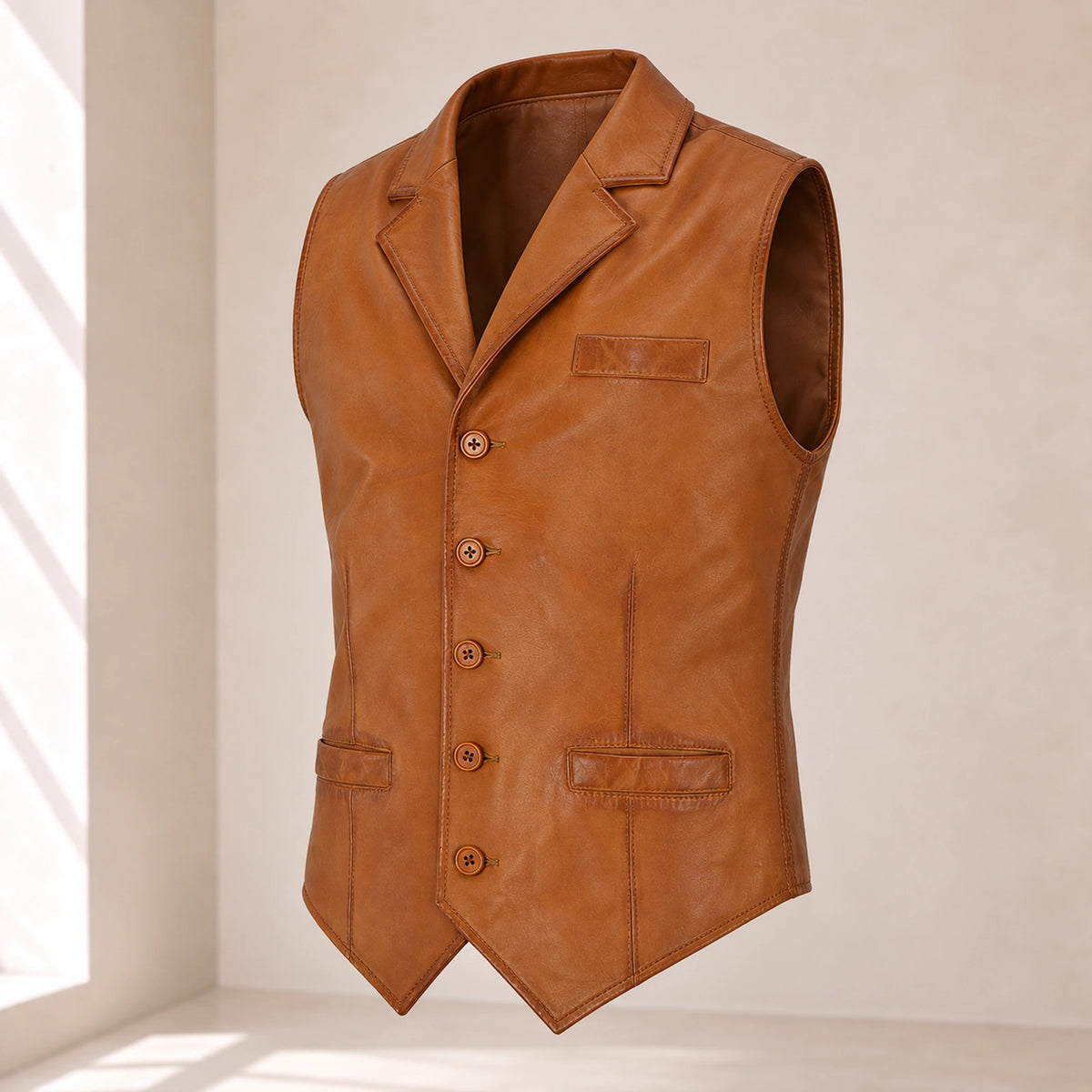 Three-quarter product view of the peru Ellswick lambskin leather waistcoat.