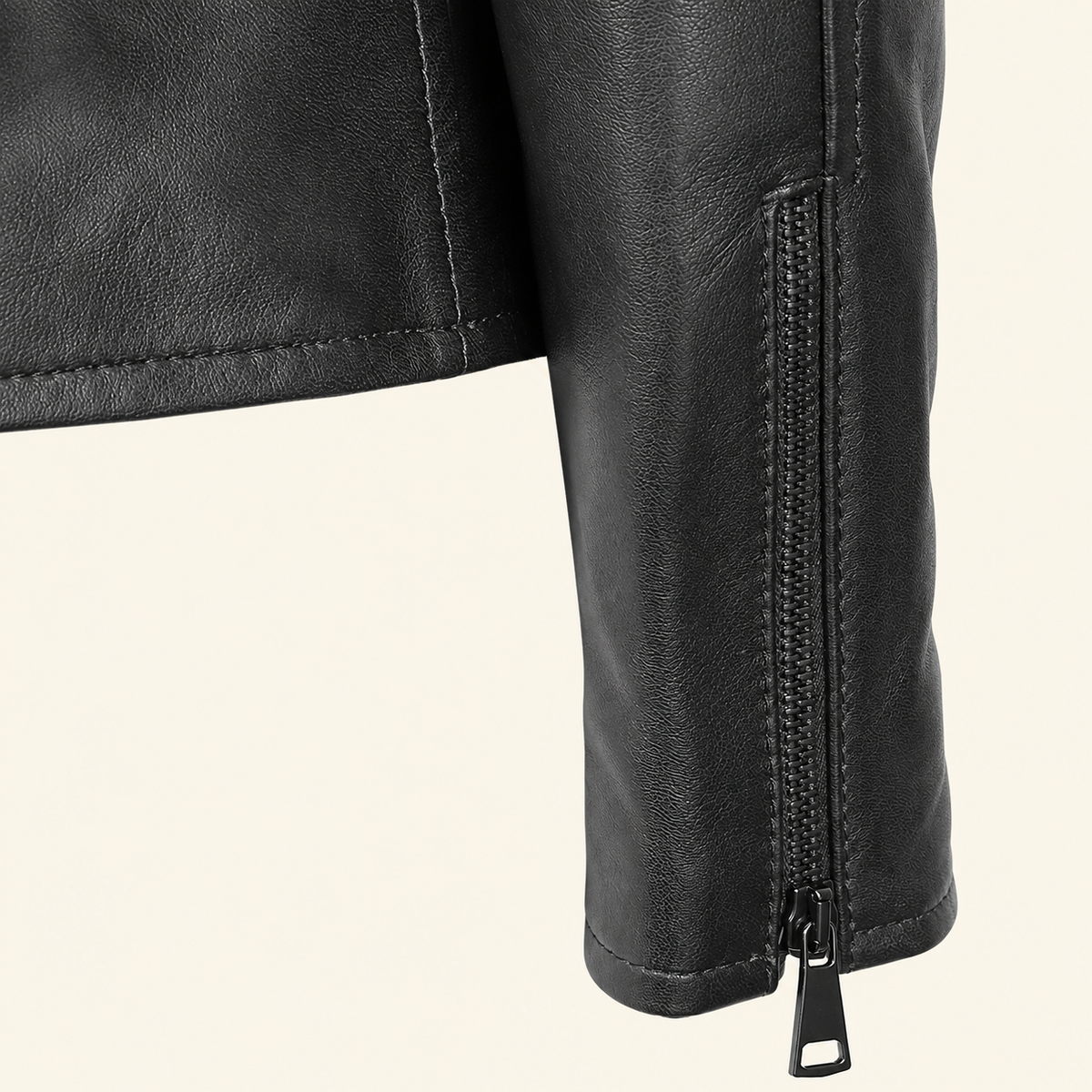 Black women's fitted lambskin racer jacket, close up.